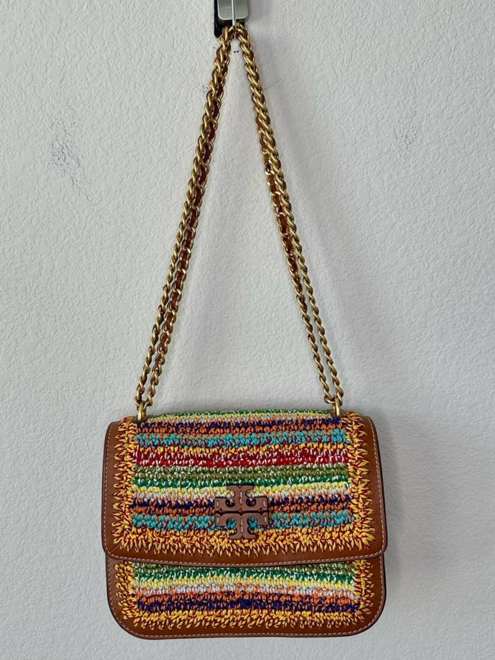 Tory Burch Multicolor Woven Straw and Brown Leather Shoulder Bag